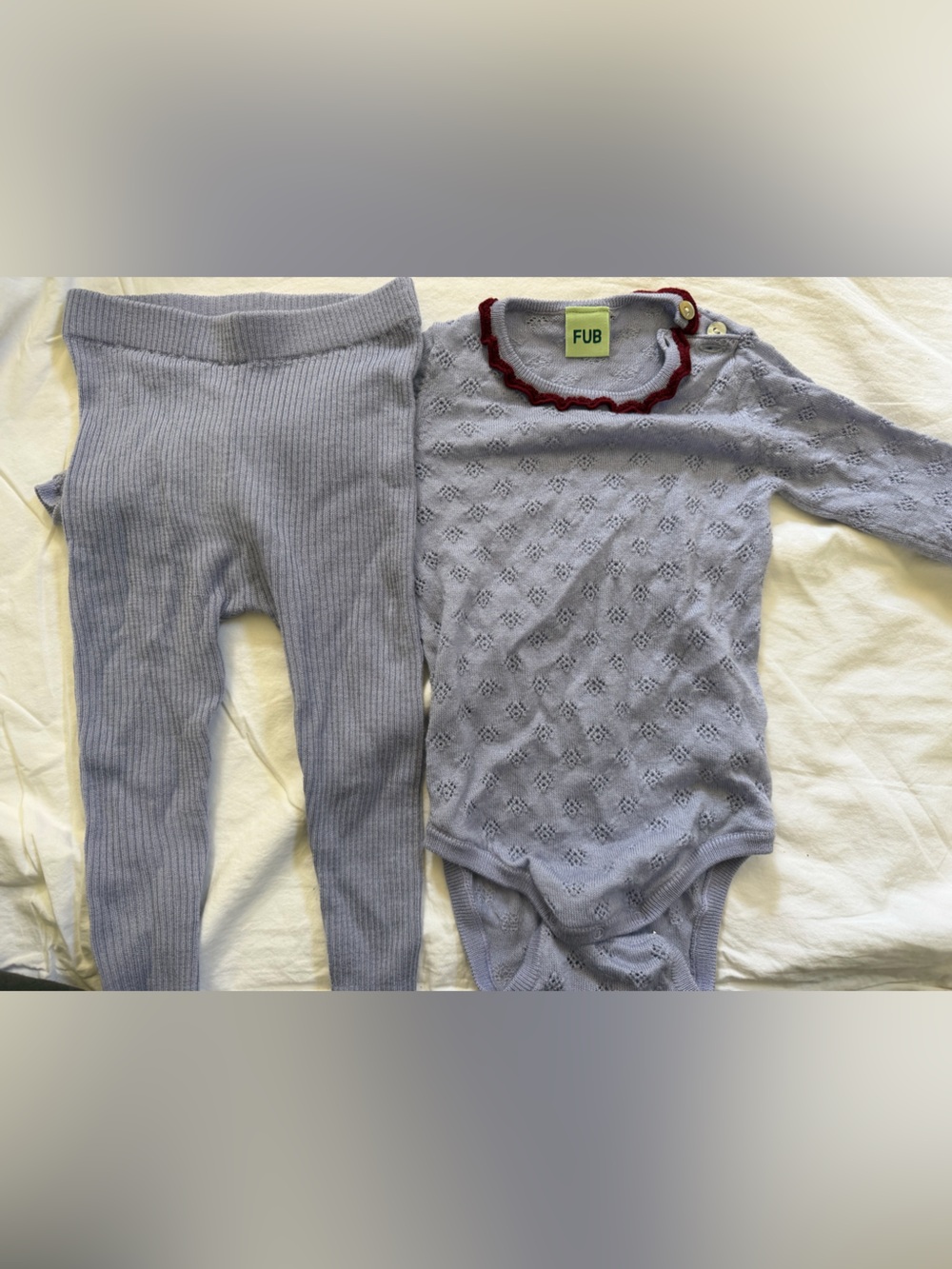 FUB Lavender Knit Baby Bodysuit with Maroon Scalloped Trim 100% wool